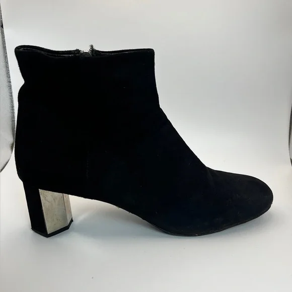 Prada Black Suede Block Heeled Booties with mirror detail on heel 37.5
